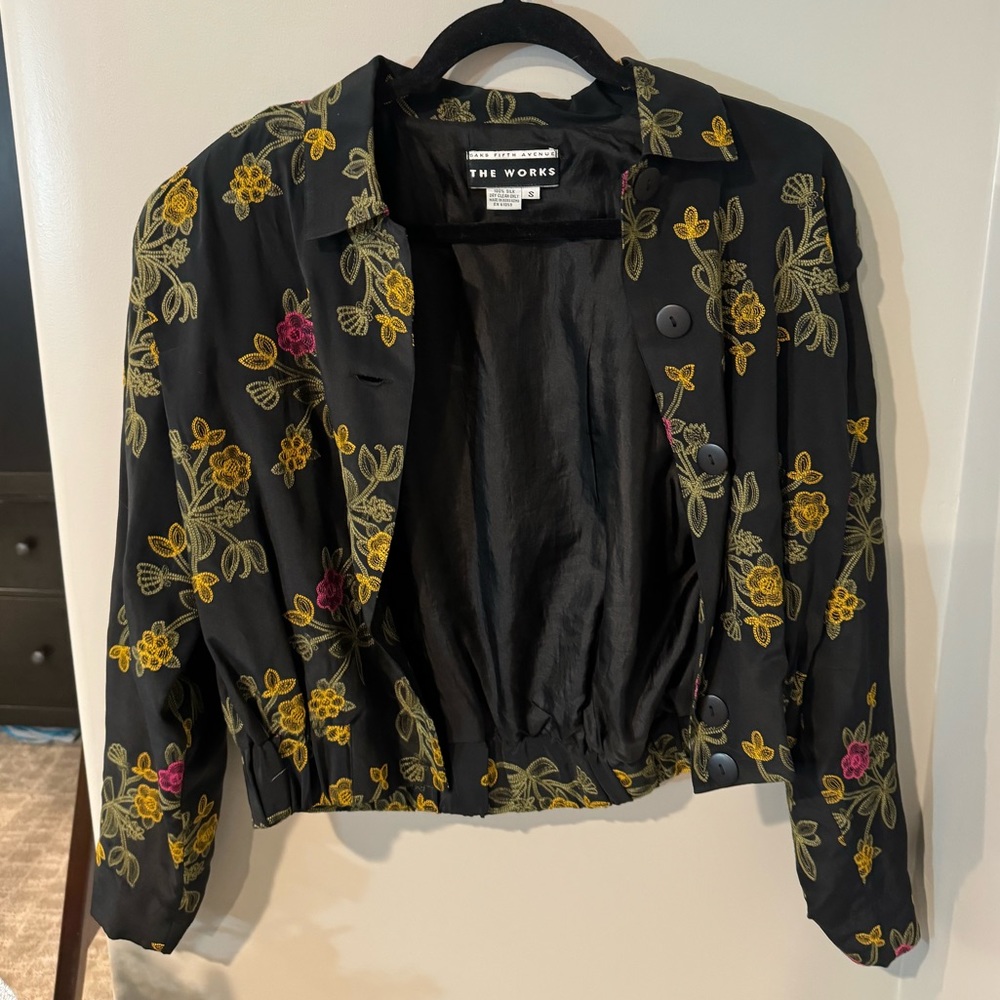 Black Vintage The Works Floral Embroidered Bomber Jacket fits like an XS/S.